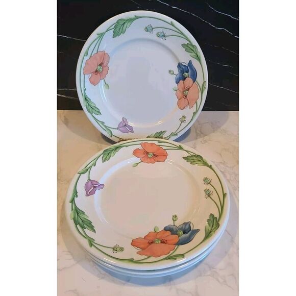 Villeroy & Boch AMAPOLA 8¼" Salad Plates Blue & Orange Poppies Set of 4 EUC - Picture 1 of 8